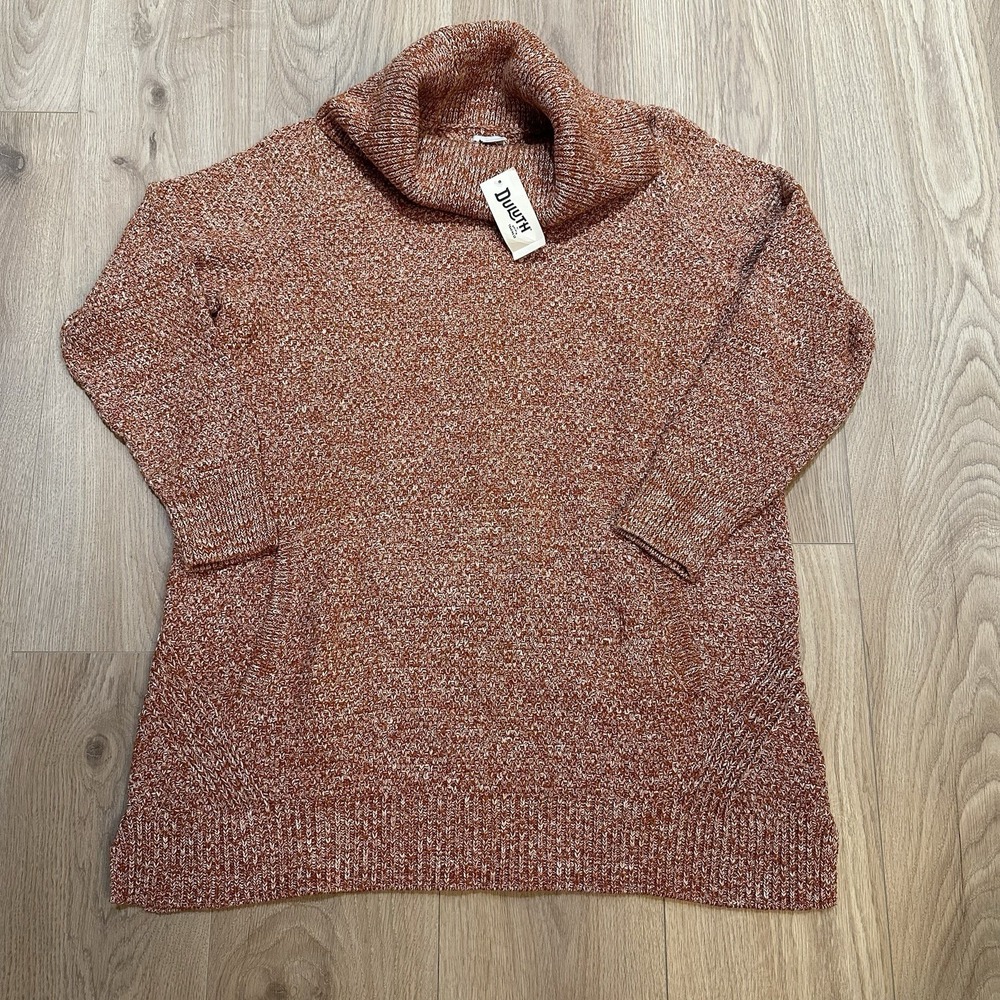 Duluth Trading Co 1X Women's Heritage Cowl Neck Tunic Orange Knit Sweater Pocket